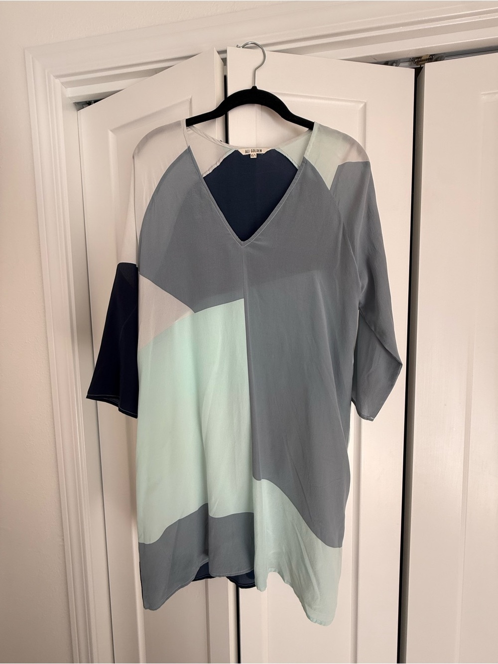 Ali Golden Blue, Gray, Navy Sheer 100% Silk Colorblock Dress